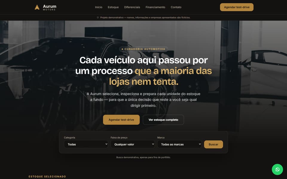 Captura de tela real da demonstração Aurum Motors